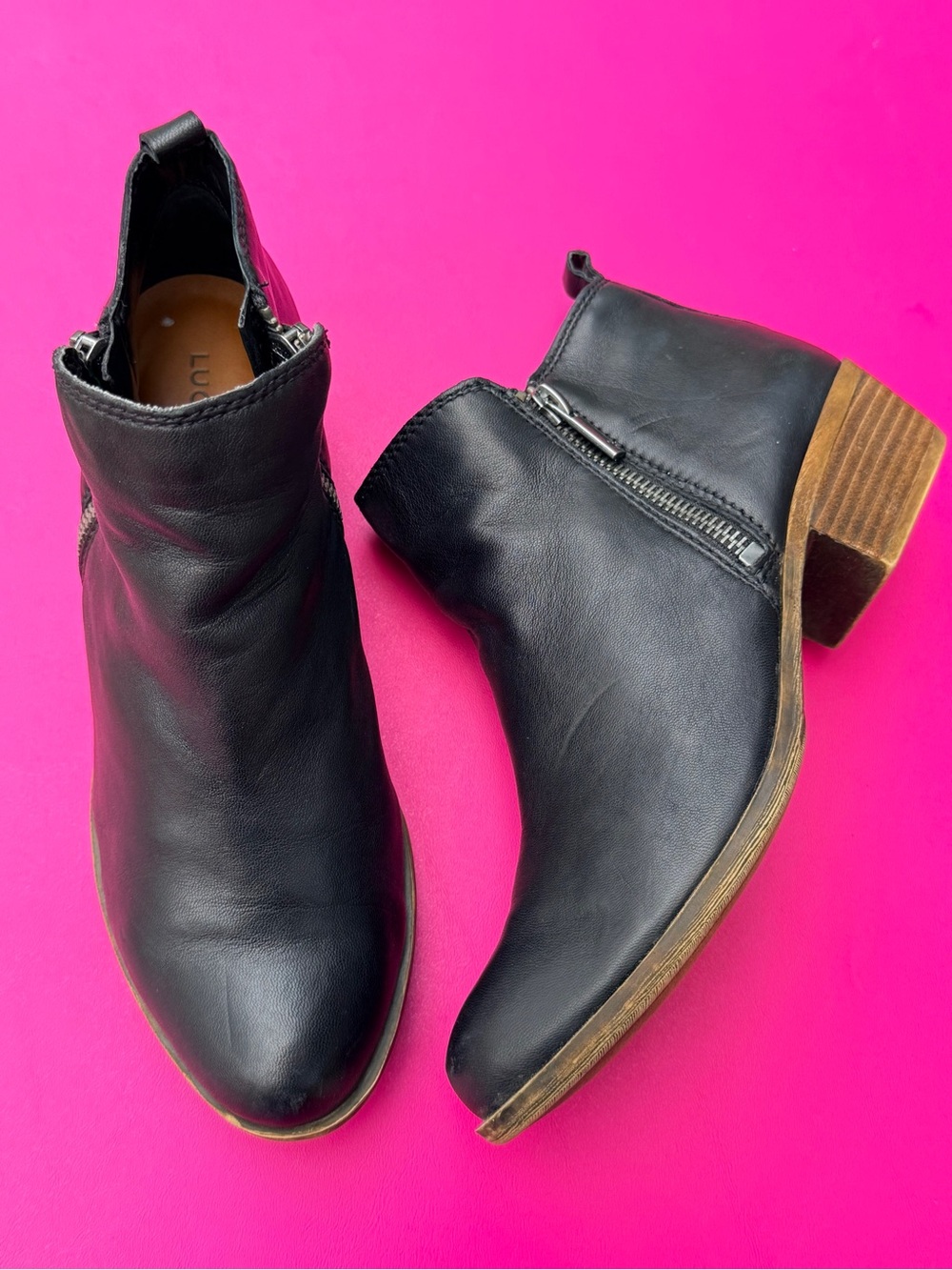 Lucky Brand Basel Ankle Booties Black Leather Double Zip Block Heels Size 6.5M